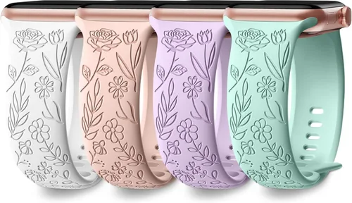 Miniatura 13 de DaQin Paquete de 4 correas florales grabadas compatibles con Apple Watch para mujeres de 40mm 41mm 42mm 44mm 45mm 46mm 38mm 49mm, correa de silicona
