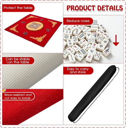 Miniatura 4 de Juexica Tapete Mahjong con bolsa, antideslizante, reducción de ruido, cubierta de mesa de juego de mesa, accesorios de mesa Mahjong, mantel de Rojo