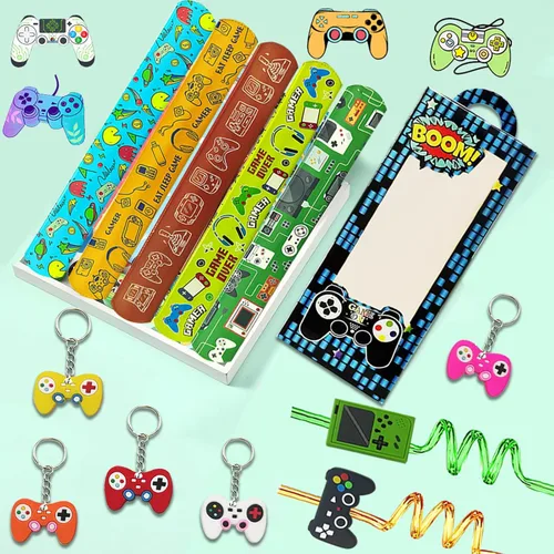 Miniatura 7 de 110 piezas de regalos de fiesta de videojuegos, suministros para fiesta de cumpleaños con pajitas reutilizables para beber, llaveros, cajas