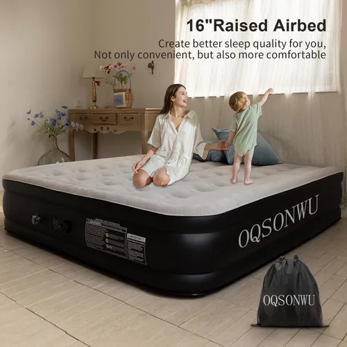 Miniatura 7 de Colchón de aire de 16 pulgadas tamaño Queen con bomba integrada, colchón inflable plegable portátil Queen, capacidad de peso de 660 libras, colchón