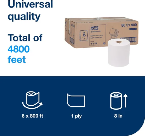 Miniatura 2 de Tork Rollo de toalla de mano de papel blanco H80, universal, 100% fibra reciclada, 6 rollos x 800 pies, 8031900