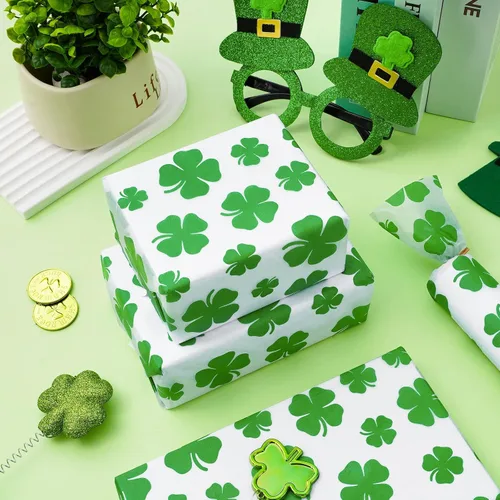 Miniatura 6 de Whaline 100 hojas de papel de seda para el día de San Patricio, acuarela, trébol, papel de regalo de trébol verde, papel de regalo para el hogar