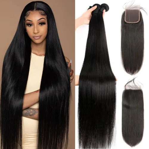 Miniatura 20 de YISEA Paquetes de cabello humano liso con cierre de encaje (12 14 16+10 cierre) Paquetes de cabello humano 3 con cierre de encaje 4x4 100%