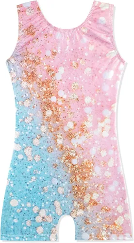 Miniatura 67 de HOZIY - Leotardos de gimnasia con pantalones cortos brillantes para niñas pequeñas; estampados de unicornio, aurora, arco iris, sirena, dinosaurio