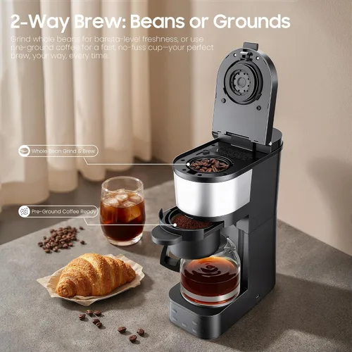 Miniatura 3 de ATSENT Cafetera de Moler y Preparar Café, Cafetera de Goteo con Molinillo Integrado, Máquina de Café Programable de 5 Tazas con Intensidad