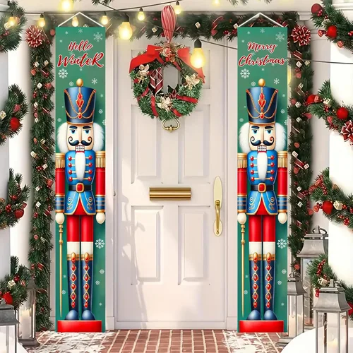 BlissYard Estandartes de Porche Navideños de Cascanueces 12×71 Pulgadas Hola Invierno Feliz Navidad Decoraciones de Puerta Estandarte de Soldado