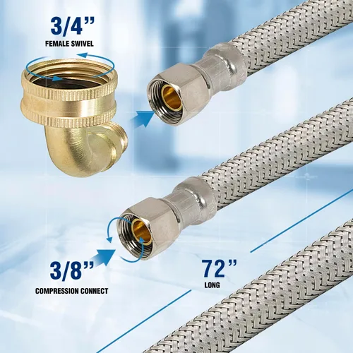 Miniatura 3 de Highcraft CNCT28772-OM Conector, conecta el lavavajillas al agua, línea de suministro Dishwsher con codo giratorio, acero inoxidable trenzado de 72