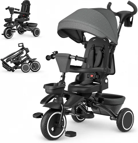Miniatura 10 de Triciclo 8 en 1 para niños, cochecito de triciclo plegable con asiento reversible, varilla de empuje ajustable y toldo, bicicleta triciclo