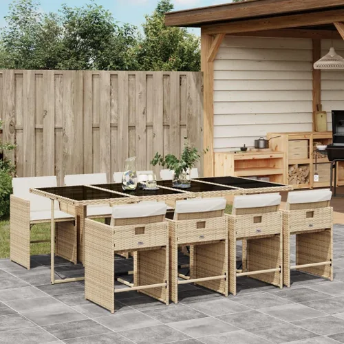 Miniatura 30 de 11-Piece Brown Poly Rattan Patio Dining Set with Cream Cushions Outdoor Furniture Foldable Chairs Tempered Glass Table for Garden Backyard Patio