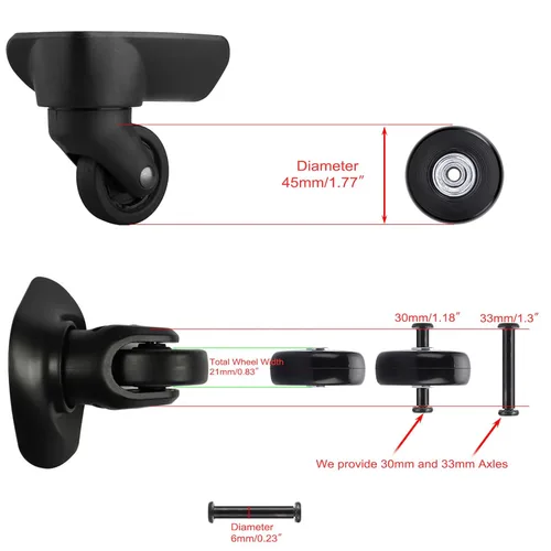 Miniatura 4 de OwnMy Juego de 4 ruedas de equipaje de 45mm x 18mm de repuesto, ruedas de maleta silenciosas de repuesto con tornillos negros, ejes, rodamientos