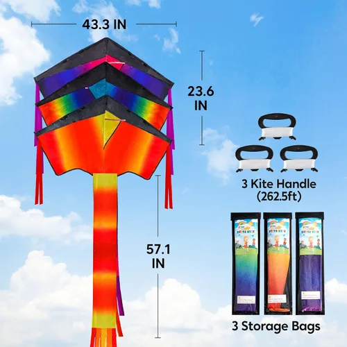 Miniatura 7 de Joyin 3 cometas Delta para adultos y niños, cometa multicolor fácil de volar con cuerda de 262.5 pies, juguetes grandes de playa para actividades