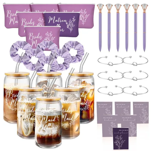 Miniatura 8 de Irenare Juego de 36 Piezas de Regalos de Propuesta de Dama de Honor Set de 6 ¿Serás Mi Dama de Honor? Taza de Vidrio de 16 oz Bolsas de Cosméticos