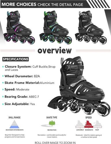 Miniatura 7 de METROLLER Patines en línea ajustables para niñas y niños con ruedas iluminadas, patines en línea para niños y jóvenes, cuchillas divertidas