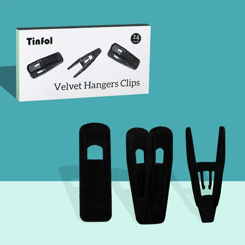 Miniatura 6 de Tinfol Clips de terciopelo para colgar, paquete de 24 clips negros para colgar pantalones, alfiler de ropa de apertura grande, clip fuerte flocado
