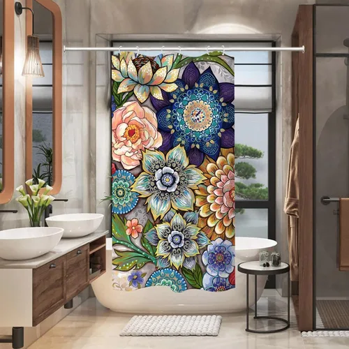 Miniatura 10 de Neasow Cortina de ducha sin gancho con forro a presión, cortinas de tela floral bohemia con forro interior impermeable con imanes ponderados