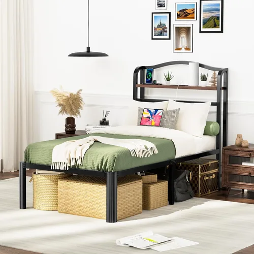 Miniatura 9 de Base de cama Individual XL con cabecera, base de colchón de metal, armazón de cama de 18 pulgadas de alto, no necesita somier, base de cama de 46 cm