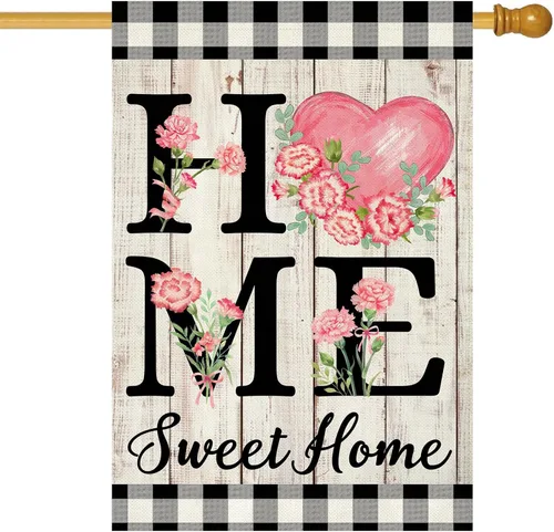 Miniatura 8 de ORTIGIA Home Sweet Home - Bandera de jardín de magnolia de doble cara de 12.5 x 18 pulgadas, para primavera y verano, a cuadros, pequeña bandera