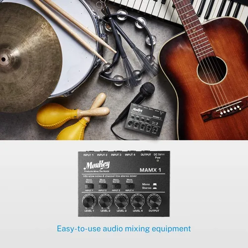 Miniatura 6 de Moukey Mini Mezclador de Audio, DC 5V, 4 Estéreo Ultra, Mezclador de Línea de 4 Canales de Bajo Ruido para Sub-Mezcla, para Pequeños Clubes o Bares