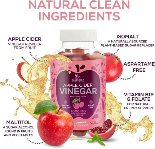Miniatura 5 de Gomitas de vinagre de sidra de manzana, 1000 mg por porción, suplemento de vitaminas ACV sin azúcar, vitamina B12 y B6 para energía, soporte
