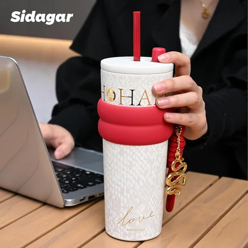 Miniatura 4 de Vaso de 24 onzas con tapa y popote, taza de café aislada a prueba de fugas, botella de agua portátil de viaje helada, taza de café térmica Blanco