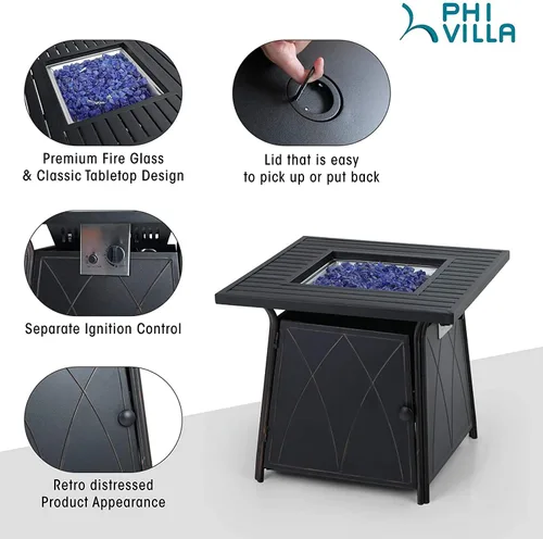 Miniatura 3 de PHI VILLA Mesa para fogata de gas de 28 pulgadas, 50000 BTU cuadrada para exteriores con tapa y vidrio azul para patio, patio trasero y jardín