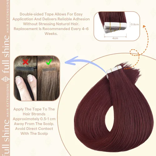 Miniatura 4 de Full Shine - Extensiones adhesivas de cabello humano Remy, 20 unidades, sin costuras, color vino tinto 99J (borgoña), de doble cara, 12 pulgadas
