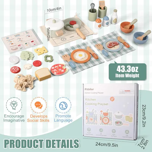 Miniatura 4 de Pithfor Juego de cocina de madera y cafetera para niños, juego de electrodomésticos y accesorios de cocina de juguete, regalo para niños y niñas