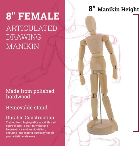 Miniatura 3 de US Art Supply® - Maniquí articulado de madera de 8 pulgadas para mujer, maniquí articulado con base y cuerpo flexible, perfecto para dibujar