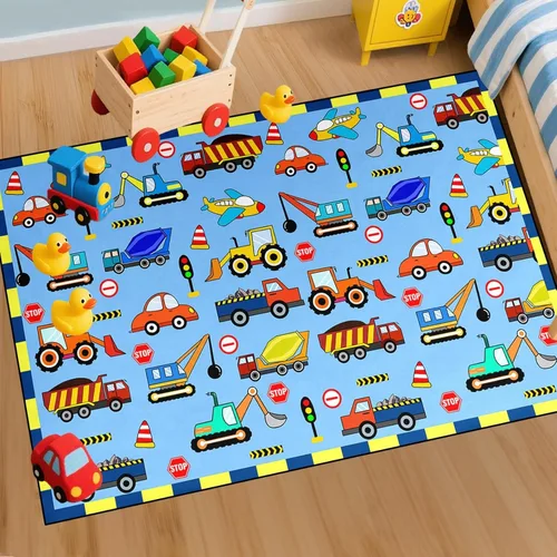Miniatura 13 de Alfombras de construcción para habitación de niños de 2 x 3 pies, alfombra de juego para autos y camiones, alfombra de coche para niños, alfombra