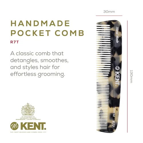 Miniatura 2 de Kent R7T TW Peine de bolsillo hecho a mano para hombres, peine de dientes finos y anchos, peines para barba y bigote para el aseo y peinado diario