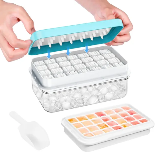 Miniatura 23 de Bandeja para cubitos de hielo con tapa y contenedor, 28 moldes para cubitos de hielo, bandejas de hielo para congelador, molde de bandeja
