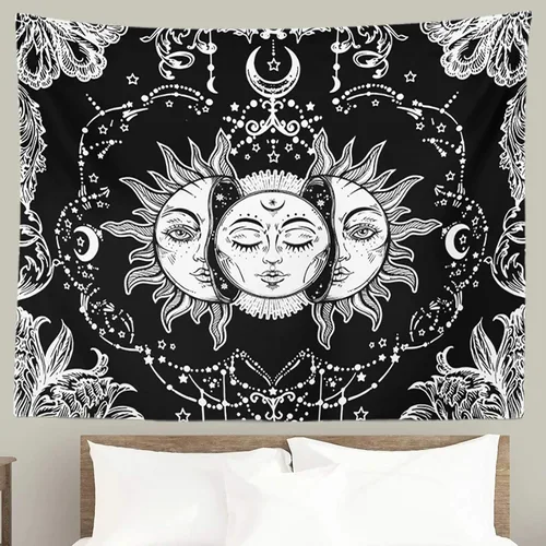 Miniatura 5 de Ftuency Tapiz de sol y luna, tapices en blanco y negro, sol ardiente místico con estrella, decoración para colgar en la pared para dormitorio