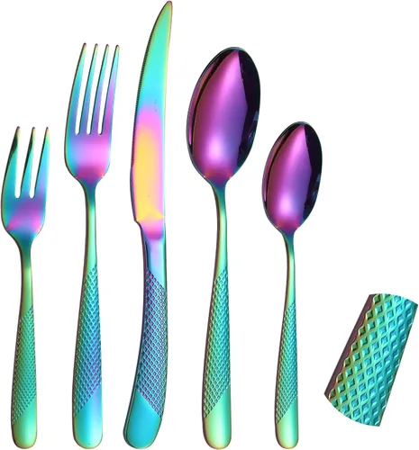 Miniatura 28 de Modern Silverware - Juego de cubiertos martillados de acero inoxidable de 20 piezas para 4 personas, incluye tenedores, cucharas, cuchillos, plateado