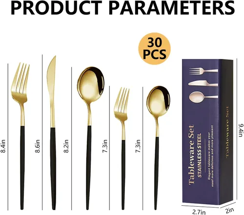 Miniatura 7 de Kawlity Cubiertos de acero inoxidable duraderos negros y dorados pulidos, cucharas, tenedores, 30 piezas, utensilios de mesa, para cocina