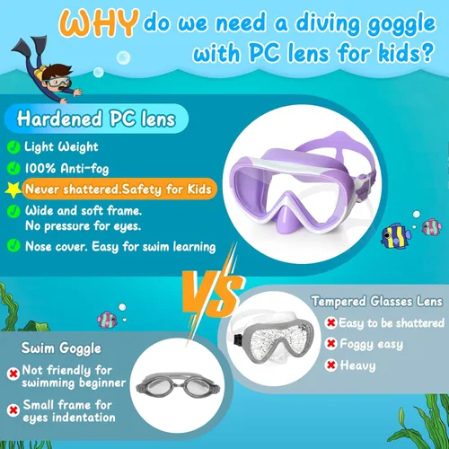 Miniatura 4 de Máscara de natación para niños, máscara de buceo de esnórquel de 180°, gafas de natación antivaho para niños con cubierta para la nariz, gafas