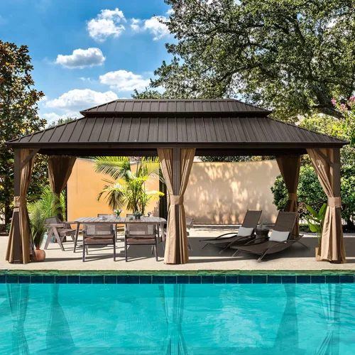 Miniatura 52 de Domi - Cenador de techo rígido de 8 x 8 pies con malla y cortinas, cenador para exteriores con techo doble de acero galvanizado para patio, césped