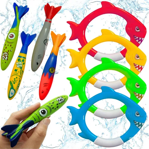 Miniatura 7 de Haktoys Anillos de buceo de tiburón y juguetes de piscina de torpedos para niños y niños pequeños, juguetes de buceo para entrenamiento de natación