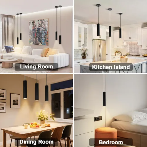 Miniatura 6 de Paquete de 2 luces colgantes modernas negras, lámpara colgante minimalista LED para isla de cocina, cable de luz colgante de tubo largo ajustable