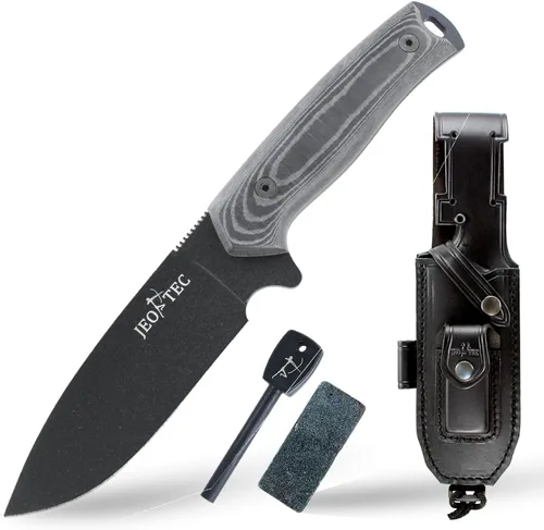 Miniatura 11 de JEO-TEC Nº21 Bushcraft Survival Hunting Cuchillo táctico de hoja fija - BOHLER N690C Acero Inoxidable, Funda de Cuero Multiposicionada, Piedra BLACK