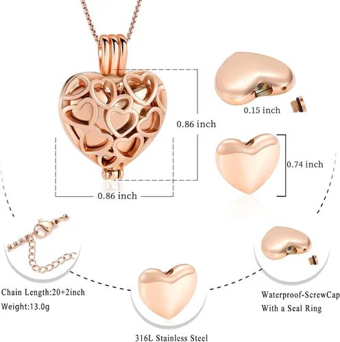Miniatura 22 de Collar con medallón de cremación conmemorativa con corazón eterno con mini urna para cenizas de seres queridos