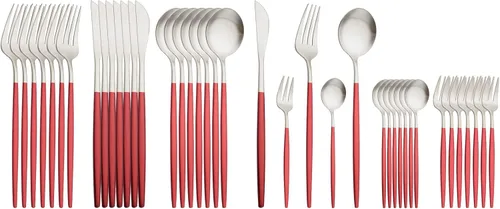 JASHII Juego de 40 cubiertos de color rojo mate y plateado, juego de cubiertos de acero inoxidable para 8 personas, incluye cucharadas de tenedor