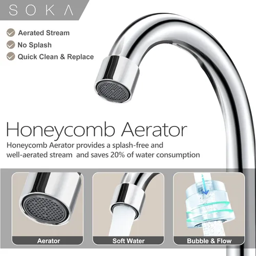 Miniatura 3 de SOKA Grifo de baño central de dos asas para fregadero de acero inoxidable de arco alto con placa de cubierta y montaje de drenaje desplegable