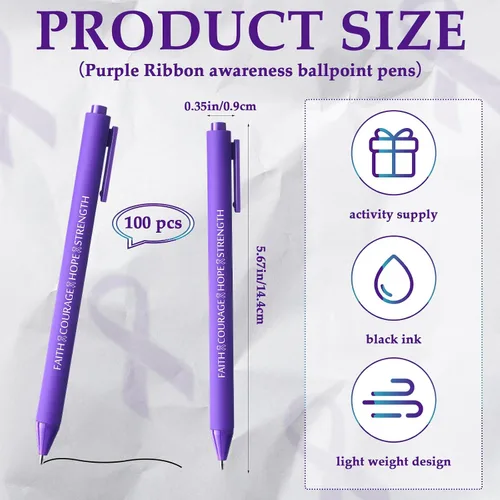 Miniatura 2 de Ireer 100 bolígrafos de cinta morada, accesorios de concienciación sobre el lupus a granel, tinta negra, bolígrafos retráctiles para mujeres
