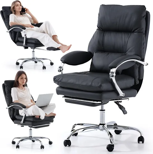 Miniatura 9 de LEAGOO Silla de oficina reclinable con reposapiés, sillas de oficina ejecutivas con brazos, ergonómicas de cuero sintético con respaldo alto, Caqui