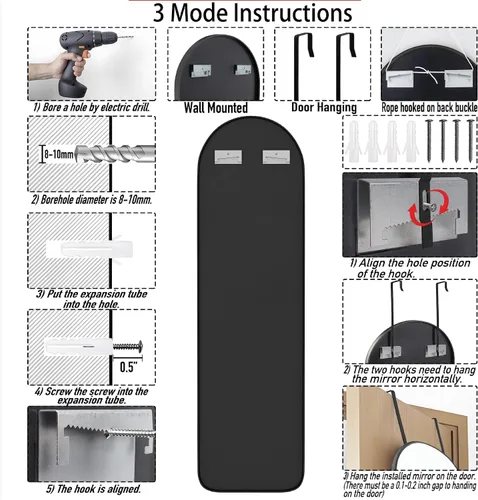 Miniatura 6 de SCWF-GZ 47x14 Espejo de longitud completa para colgar en la puerta trasera o montar en la pared, con marco de aluminio metálico en arco