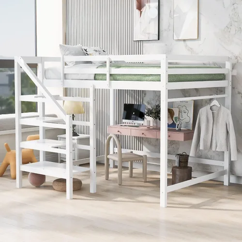 Miniatura 9 de Cama alta moderna con cajones de almacenamiento y escaleras, cama de madera tamaño individual con estantes y barandillas, para niños, niñas