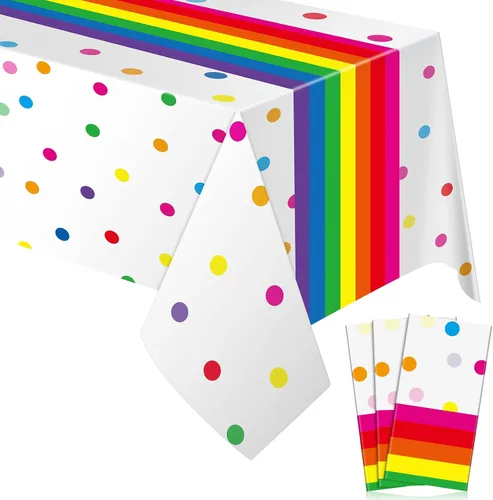 Irenare Mantel de plástico con lunares y arco iris, suministros de decoración de fiesta de feliz cumpleaños, 54 x 108 pulgadas (3 hojas, colorido)