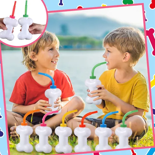 Miniatura 5 de Eaasty Juego de 24 tazas de hueso de perro con pajitas y tapas, de plástico de 10 onzas, reutilizables, con forma de hueso de perro, para niños