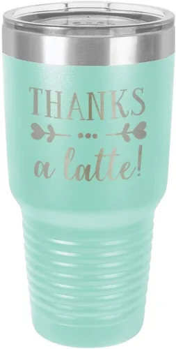 Miniatura 21 de Taza de viaje de acero inoxidable con tapa superior deslizante y pajita con texto en inglés "THANKS A LATTE 30oz Taza de viaje", compara con Yeti