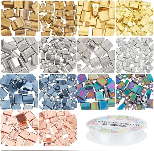 NBEADS 455 cuentas de 2 tamaños de 2 agujeros, cuentas de semillas de vidrio rectangulares de 7 colores para hacer joyas, kit de bricolaje